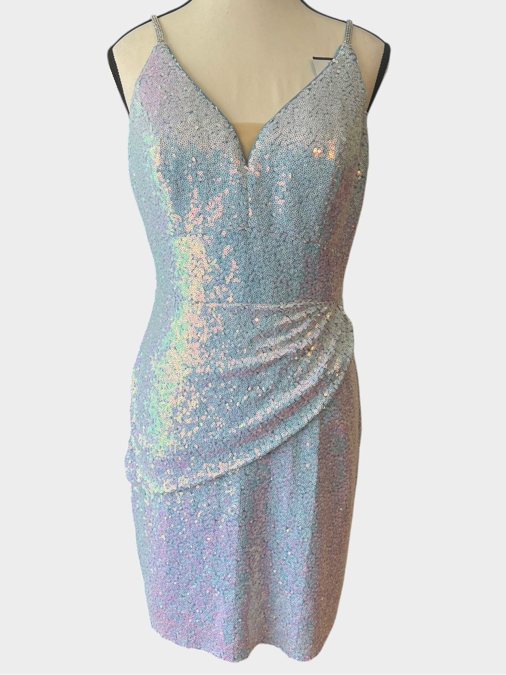 Alyce Paris Size 10 Blue Iridescent Sequin Cocktail Dress Rhinestone Straps